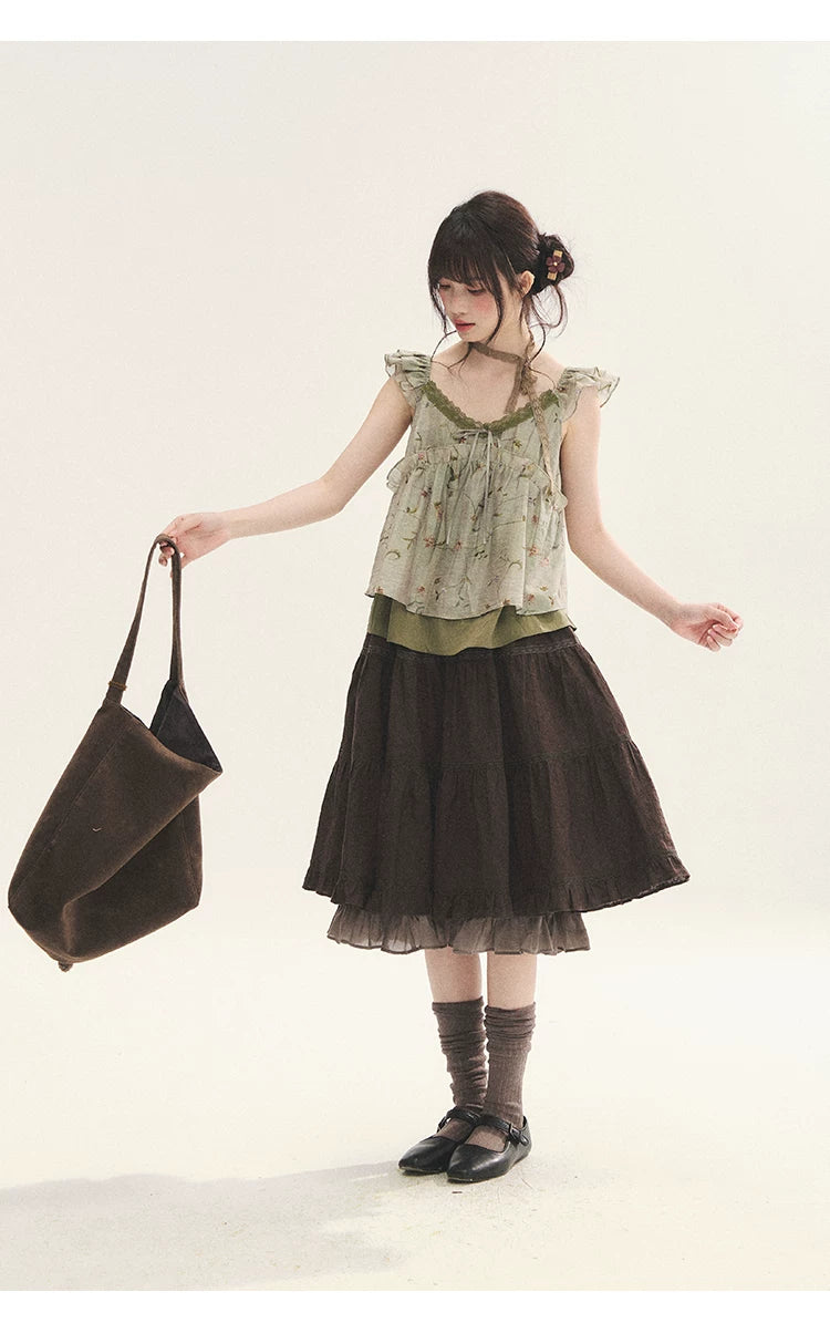 "Enchanted Forest" Moss Green Floral Lace Ruffle Cami Top