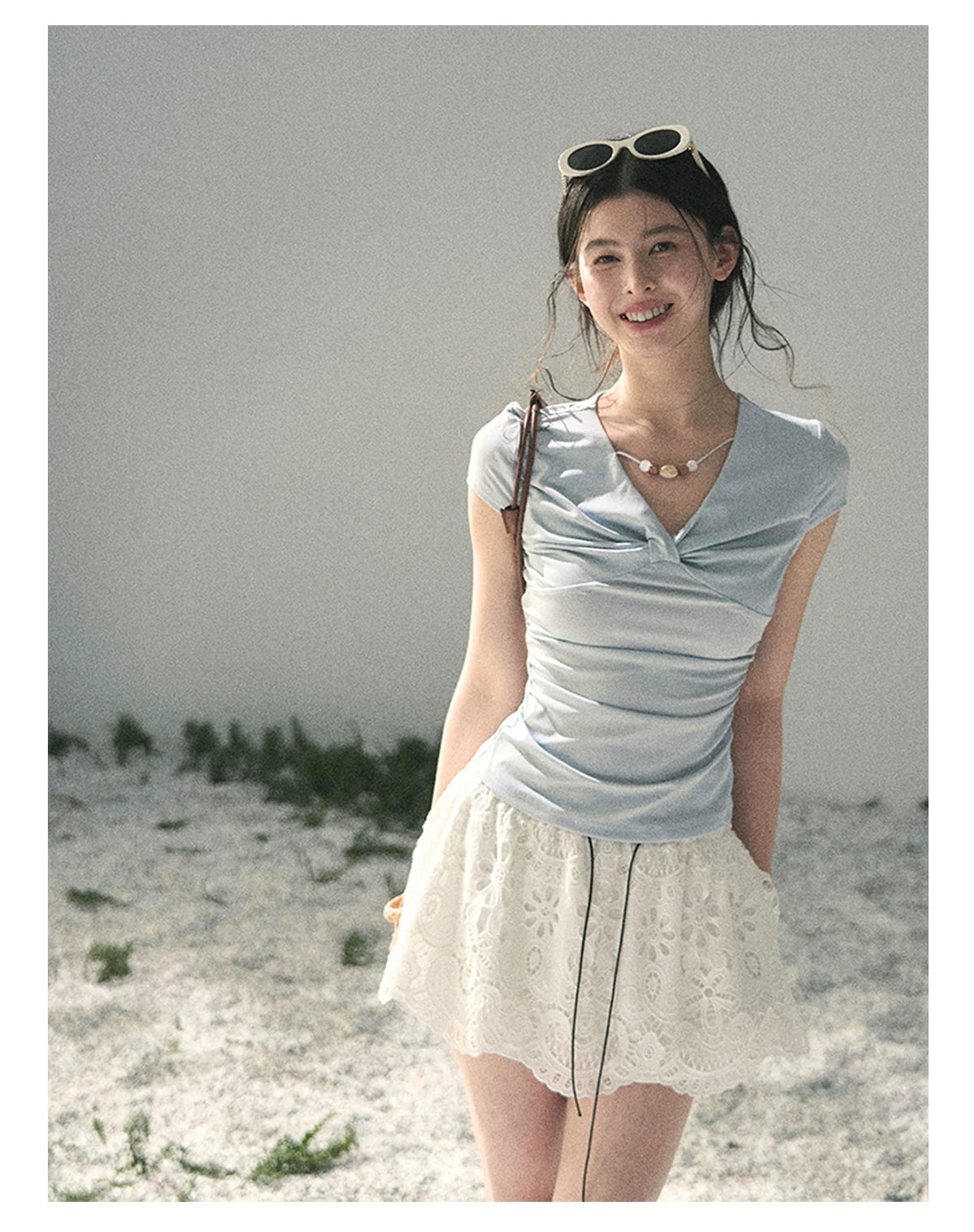 “Sheer Spring Whisper” Moonlight Blue Twist V-Neck Top