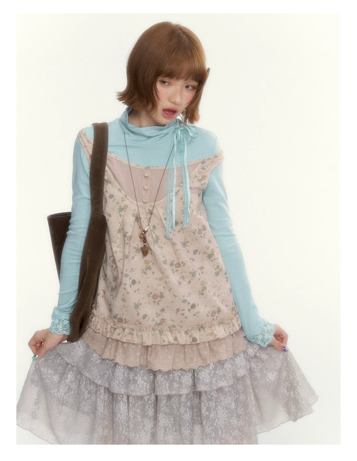 "Petals from a Forgotten Dream" Sweet Apricot Pink Floral Lace Ruffle Off-Shoulder Top