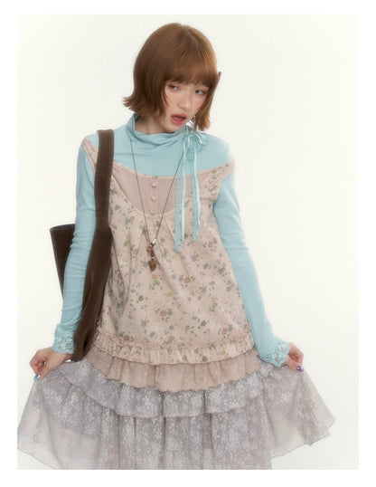 "Petals from a Forgotten Dream" Sweet Apricot Pink Floral Lace Ruffle Off-Shoulder Top