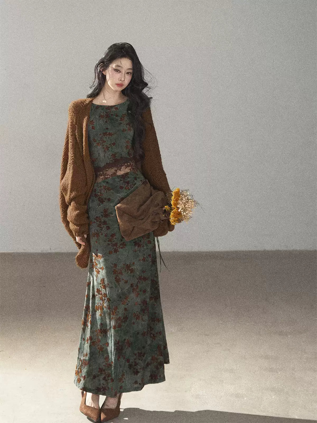 AOMALM - Caramel Brown Openwork Knit Cardigan