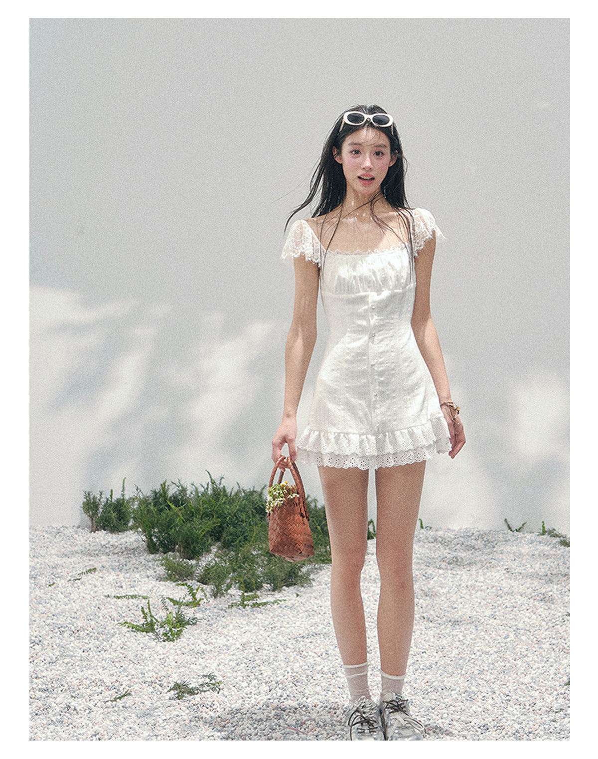 “Summer Tide Reverie” Lace Trim Puff Mini Dress