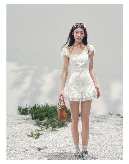 “Summer Tide Reverie” Lace Trim Puff Mini Dress