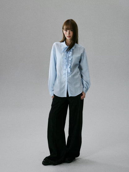 LOST FOREST - Water Blue Asymmetrical Lyocell Tie-Strap Blouse with Ruffle Trim