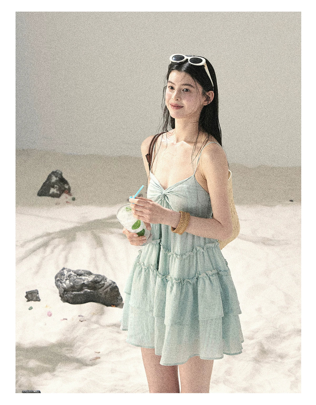 "Mossy Stone Steps" Primrose Green Tiered Cami Mini Dress
