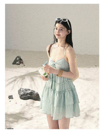 "Mossy Stone Steps" Primrose Green Tiered Cami Mini Dress
