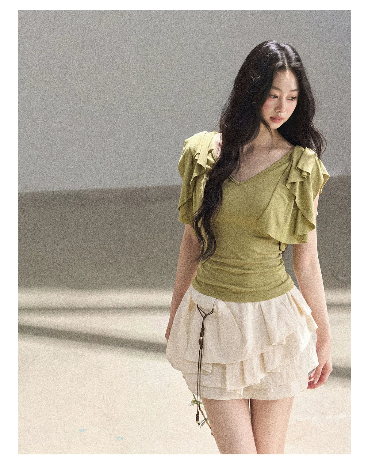 "Where Clouds Fall" Ruffle Sleeve V-Neck Crop Top (Forest Green/ Sage Gray/ Misty Blue/ Cinnamon Pink)