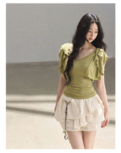"Where Clouds Fall" Ruffle Sleeve V-Neck Crop Top (Forest Green/ Sage Gray/ Misty Blue/ Cinnamon Pink)