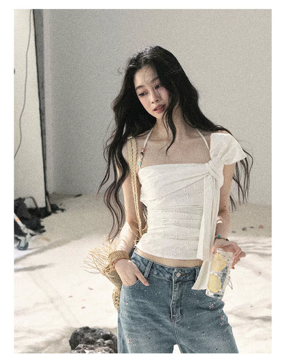 "Fragments of Tenderness" Frost White Halter Twist Crop Top