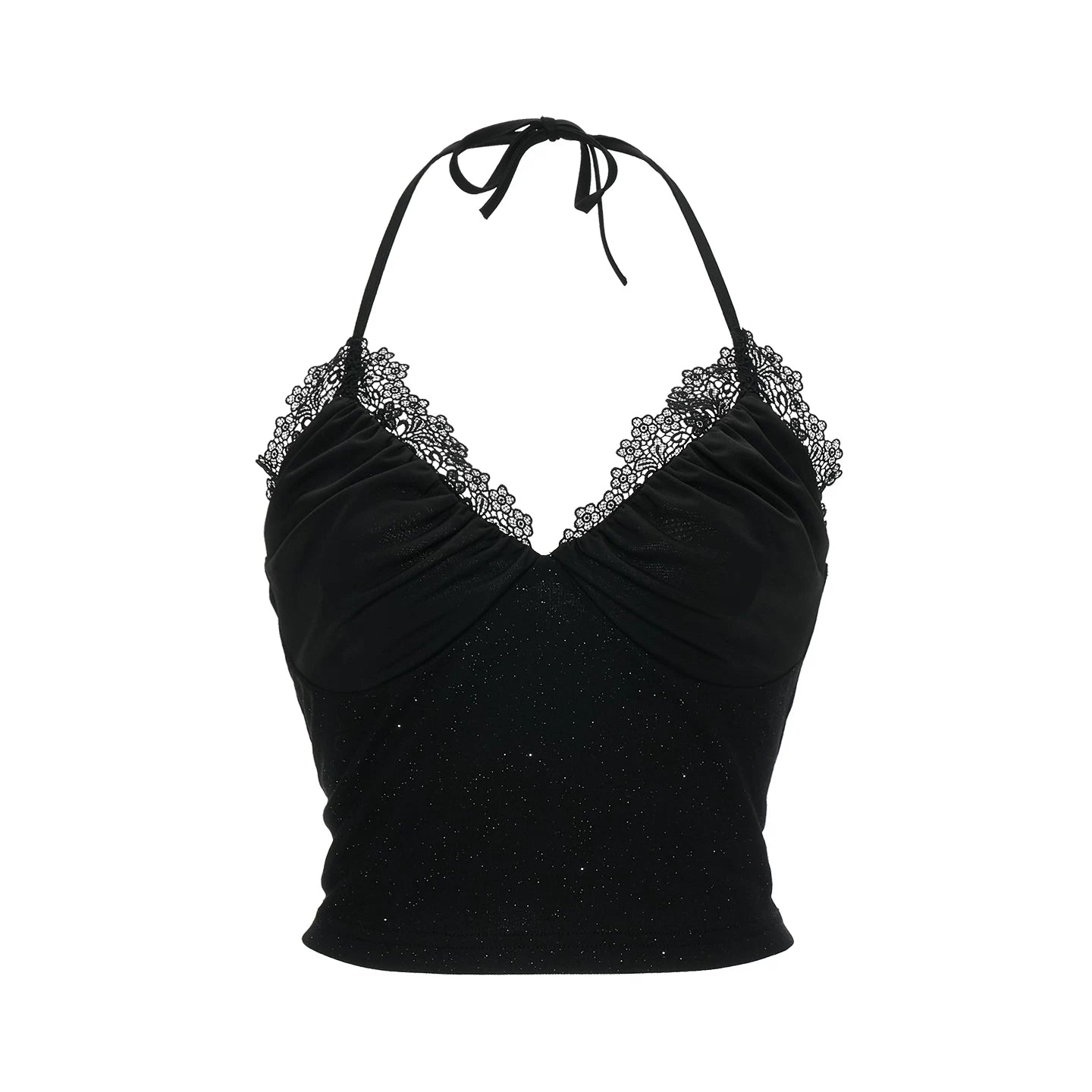 Black Stardust Lace Halter Ruched Cami Top