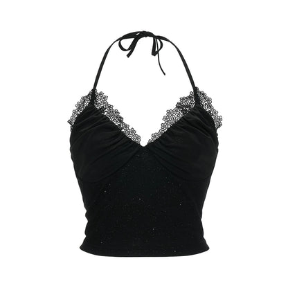 Black Stardust Lace Halter Ruched Cami Top