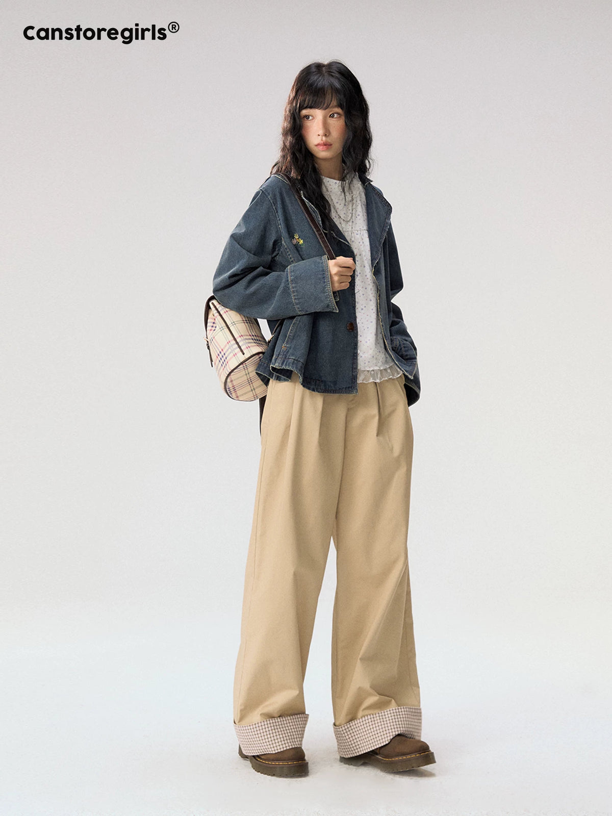 [CAN] "Strawberry Toast" Khaki Plaid Cuff Wide-Leg Pants
