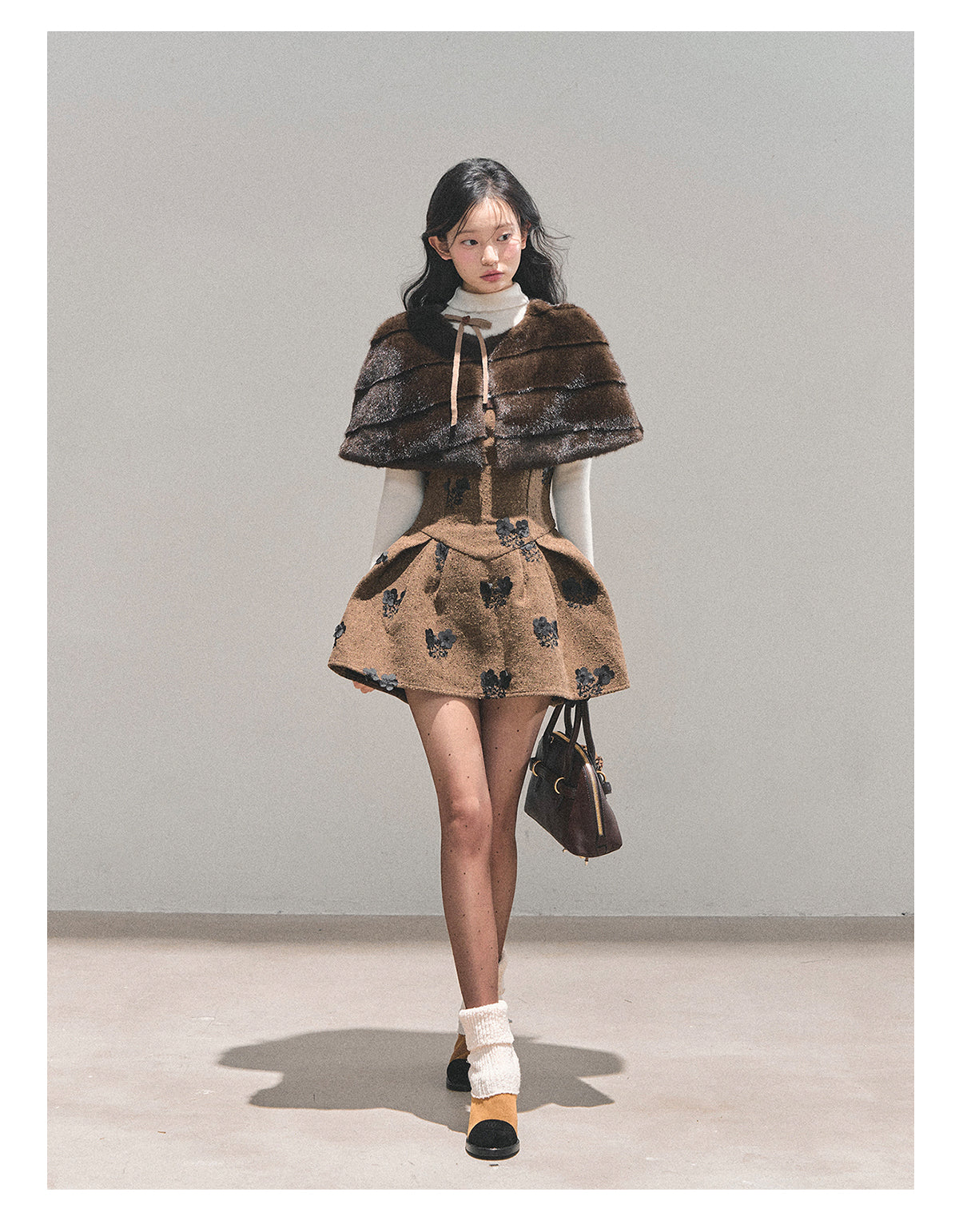 少也眼 “Whispers of Moss” Sparkle-Lined Gown with Faux-Fur Cape - Coffee/Deep Cocoa 6412124145