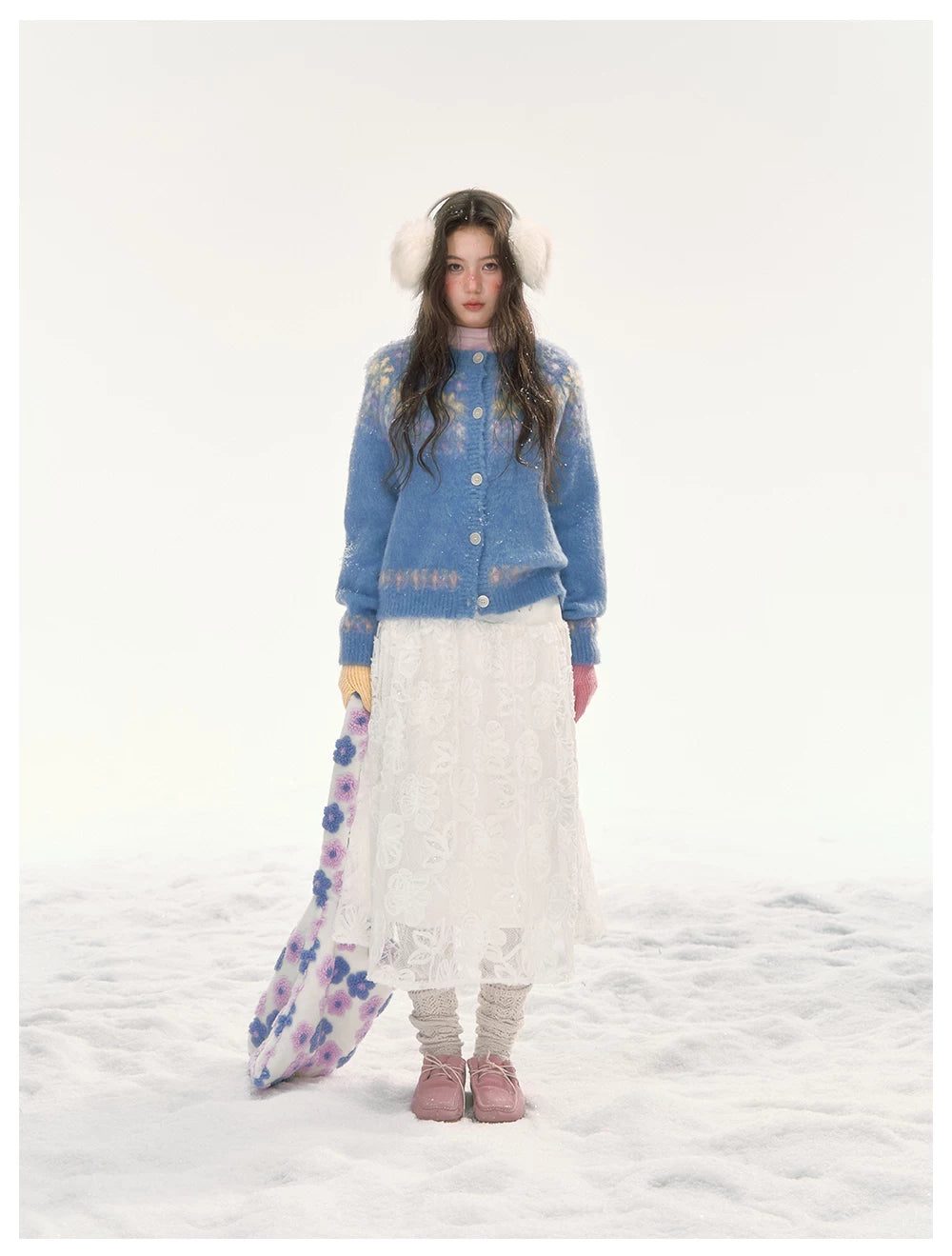 CANSTORE - "Blue Sky Echo" Fair Isle Bow Jacquard Knit Cardigan