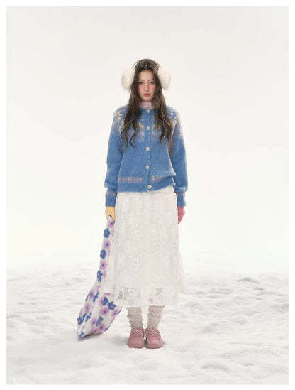 CANSTORE - "Blue Sky Echo" Fair Isle Bow Jacquard Knit Cardigan