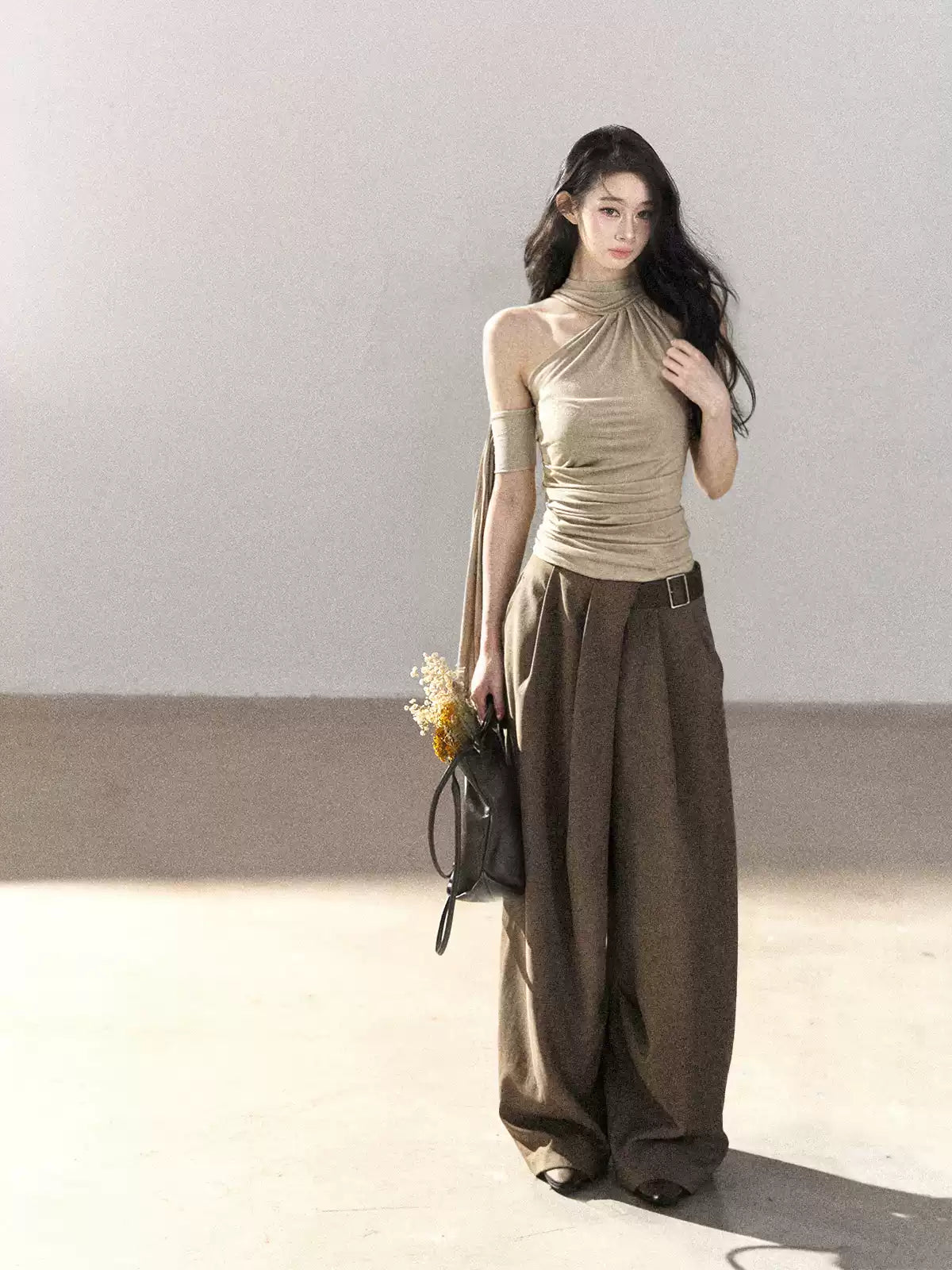 AOMALM - Halter Neck Off-Shoulder Cropped Tee in Milk Tea