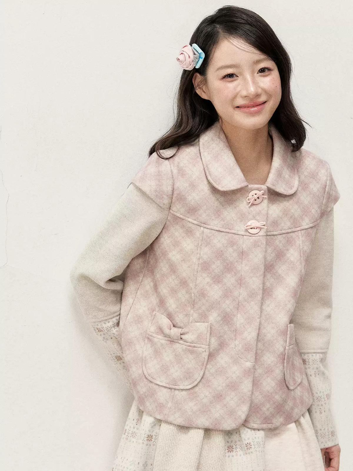 [RF] Pink Gingham Wool Blend Cropped Coat with Peter Pan Collar