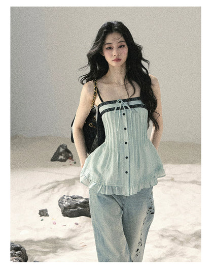 "Sea Breeze Reverie" Misty Sage Lace Off-Shoulder Ruched Top 54352131