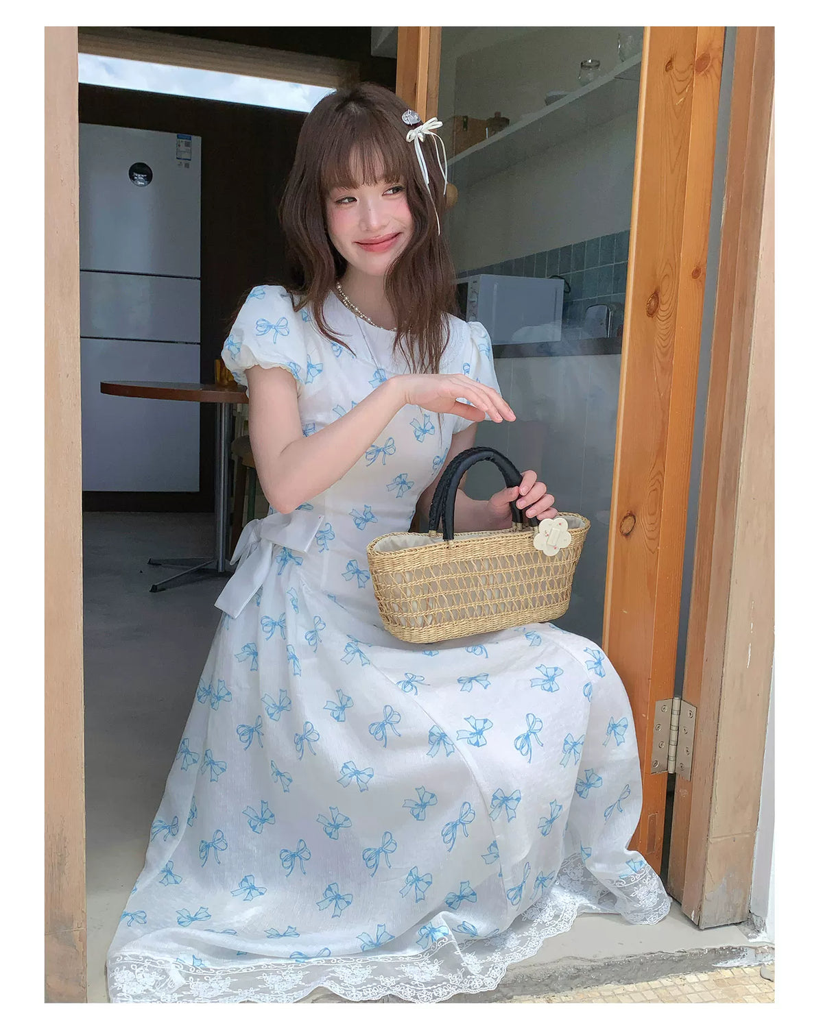[RF] “Blue Butterfly Letter” Light Blue Floral Bow Midi Dress