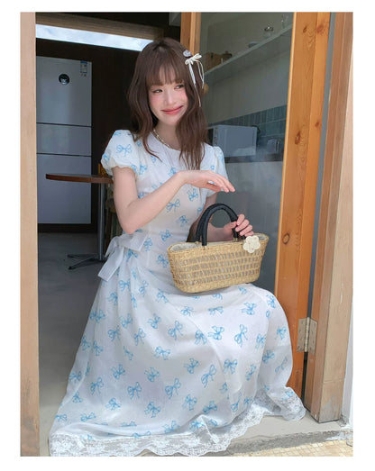[RF] “Blue Butterfly Letter” Light Blue Floral Bow Midi Dress