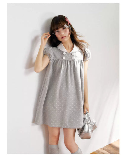 “Grey Sugar Cloud” Grey Polka Dot Doll Collar Dress