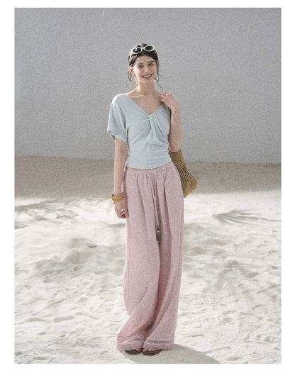 "Moonlight on Water" Twist-Front Cropped T-Shirt (Silver Mink Gray/ Mist Blue)