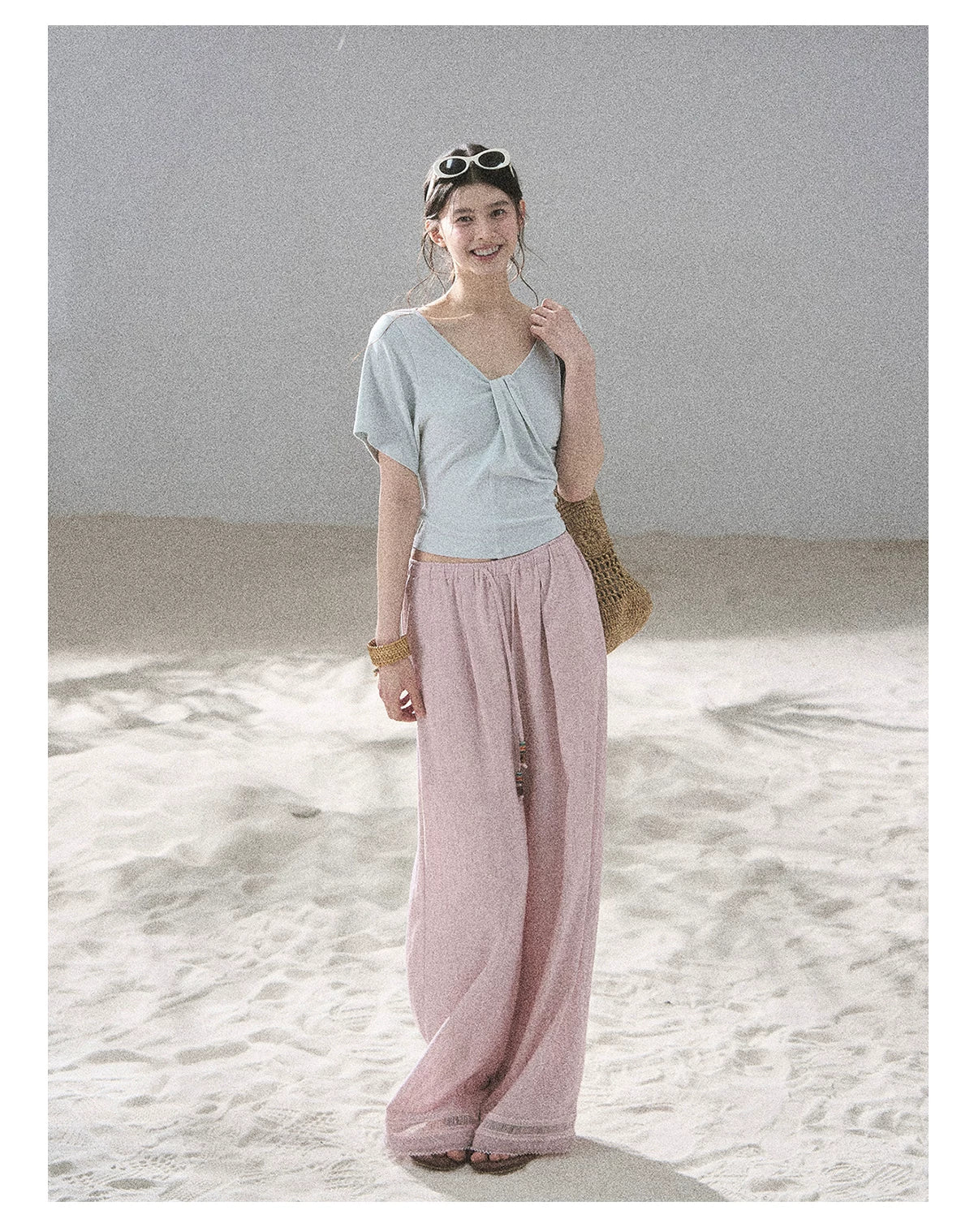 "Follow the Sea Breeze" Lightweight Straight-Leg Wide-Leg Pants (Lotus Pink/ Gray Sage Green/ Gray Blue)