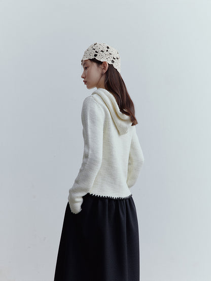 FUSSED Almond Cream Cropped Hooded Knit Jacket with Contrast Shell Embroidery FOF-25SS174