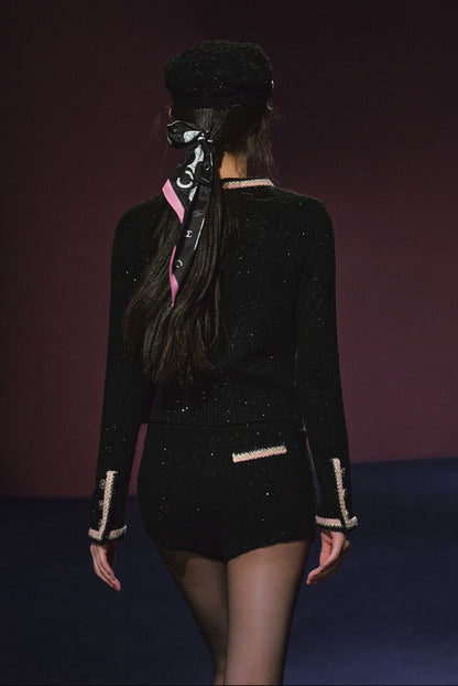 "Starlit Heiress" Black Shimmer Contrast Knit Cardigan & Shorts Set