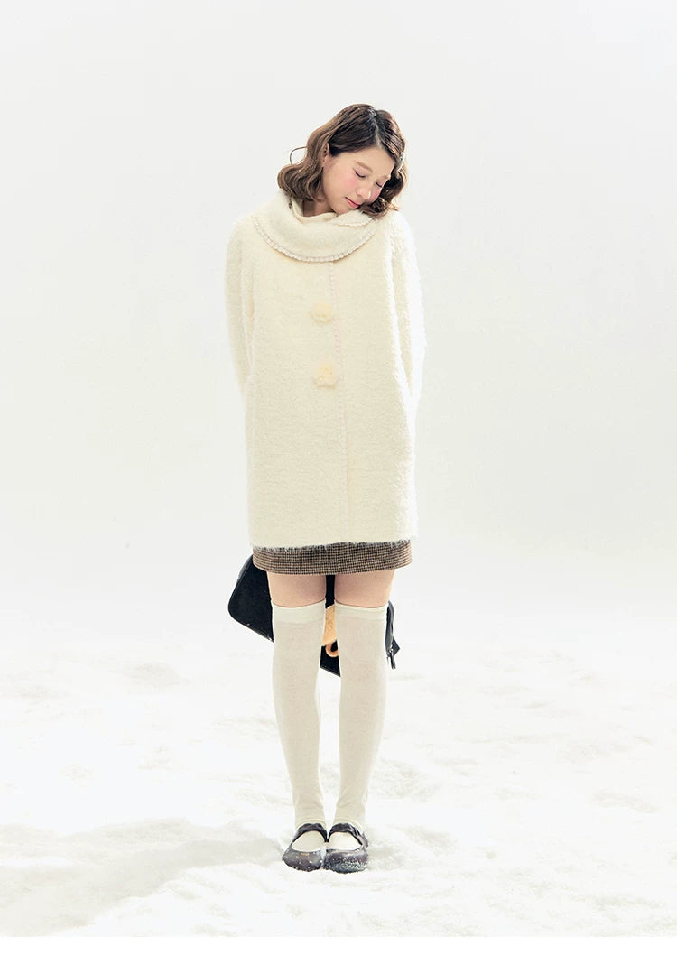 "Snow-Kissed Sakura" Ivory Wool-Blend Quilted Mid-Length Coat with Detachable Plush Flowers