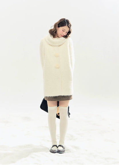 "Snow-Kissed Sakura" Ivory Wool-Blend Quilted Mid-Length Coat with Detachable Plush Flowers