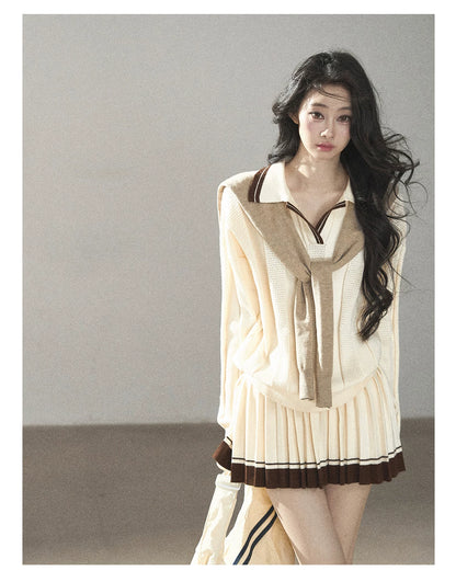 AOMALM - Dutch Cheese Knit Top & Pleated Mini Skirt Set with Khaki Shawl
