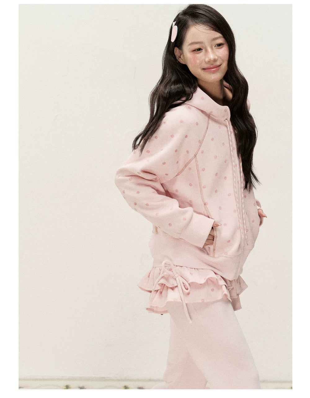 [RF] Polka Dot Hoodie and Pants Set with Zip Closure in Soft Pink