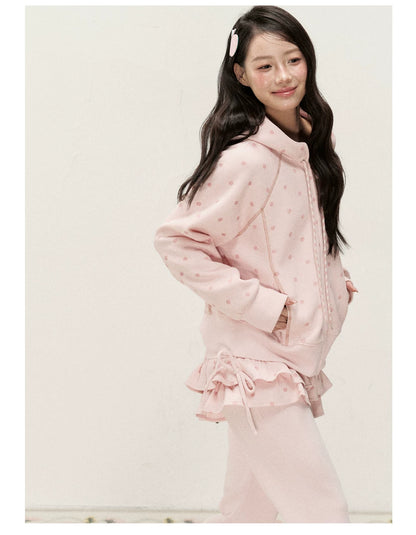 [RF] Polka Dot Hoodie and Pants Set with Zip Closure in Soft Pink