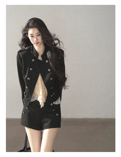 AOMALM - Black Napoleon-Style Jacket & Shorts Set with Milk Tea Top