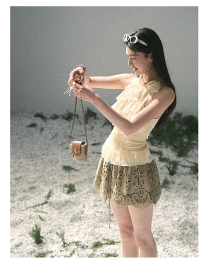 “Spring Traces in Tulle” Pale Butter Lace Halter Top