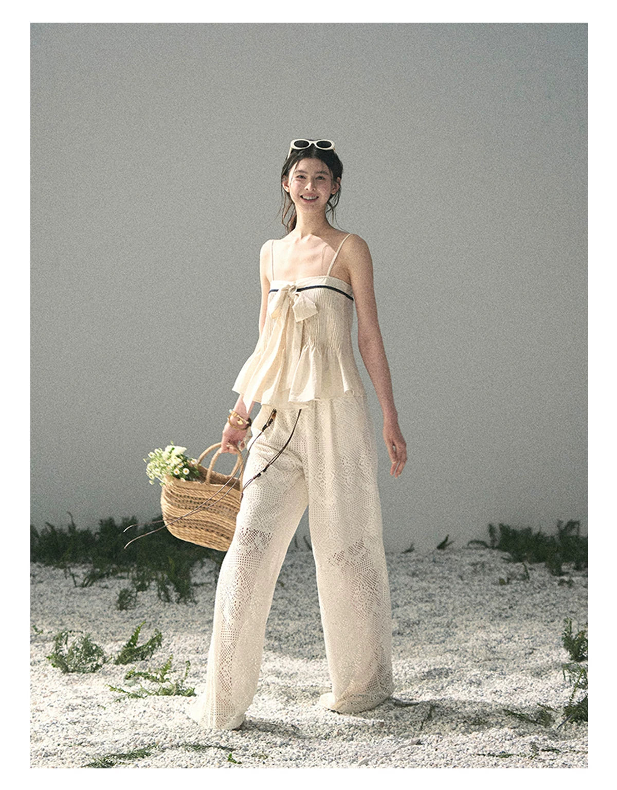 “Breeze Over Pleats” Cream Ribbon Camisole Top