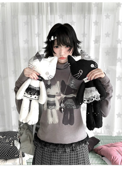 "Forgotten Corner" Mock Neck Gray Base Layer Top & Black Gray Plaid Skirt Set