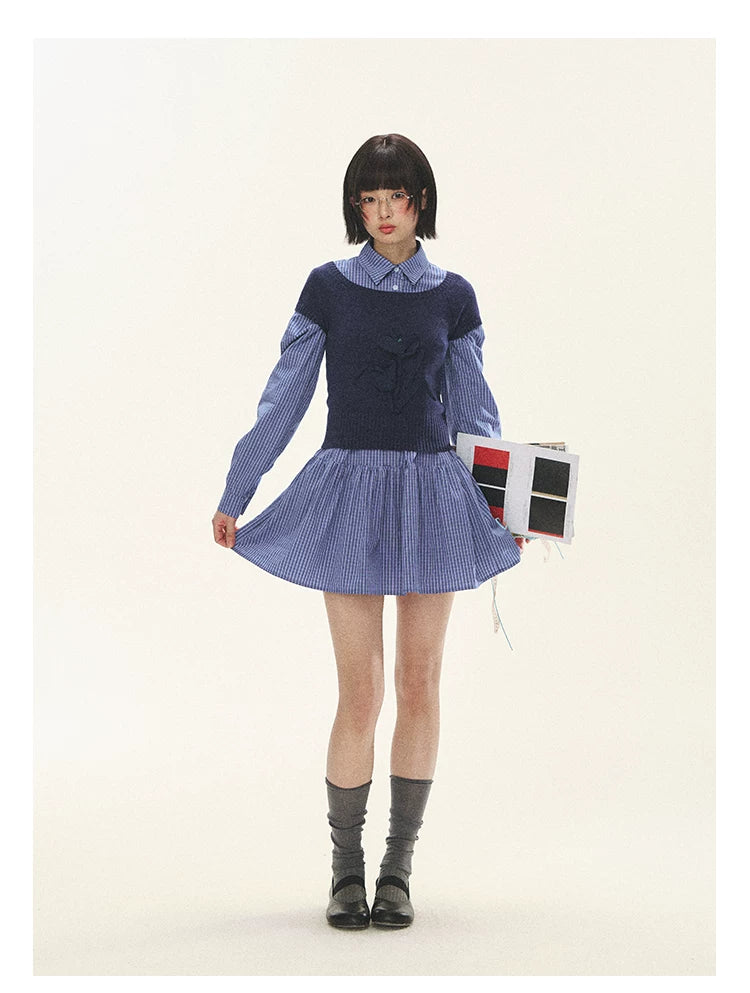 "Holiday Blues" Blue Plaid Bow Shirt Mini Dress