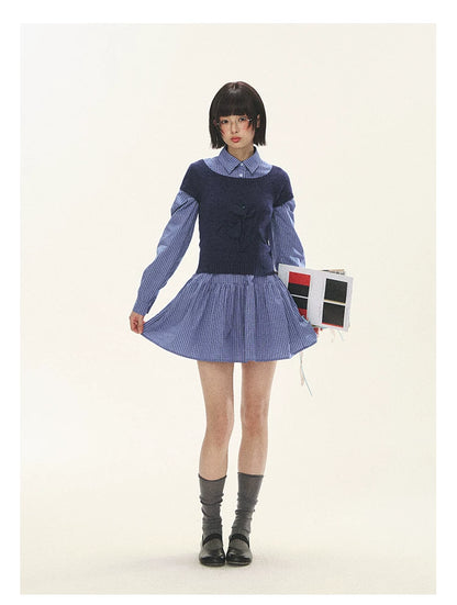 "Holiday Blues" Blue Plaid Bow Shirt Mini Dress