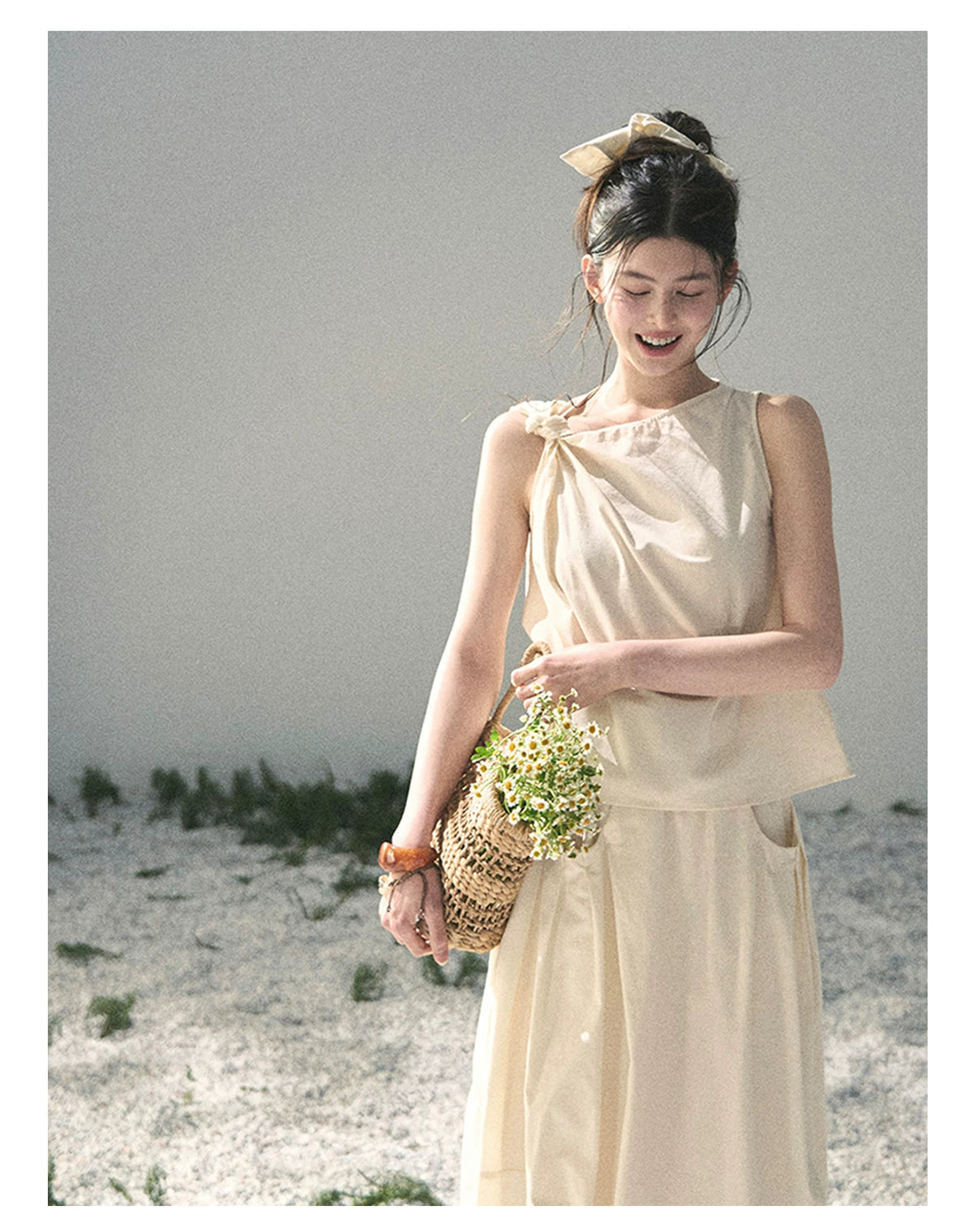 “Ivory Pleated Verse” Soft White Asymmetrical Twist Top & Skirt