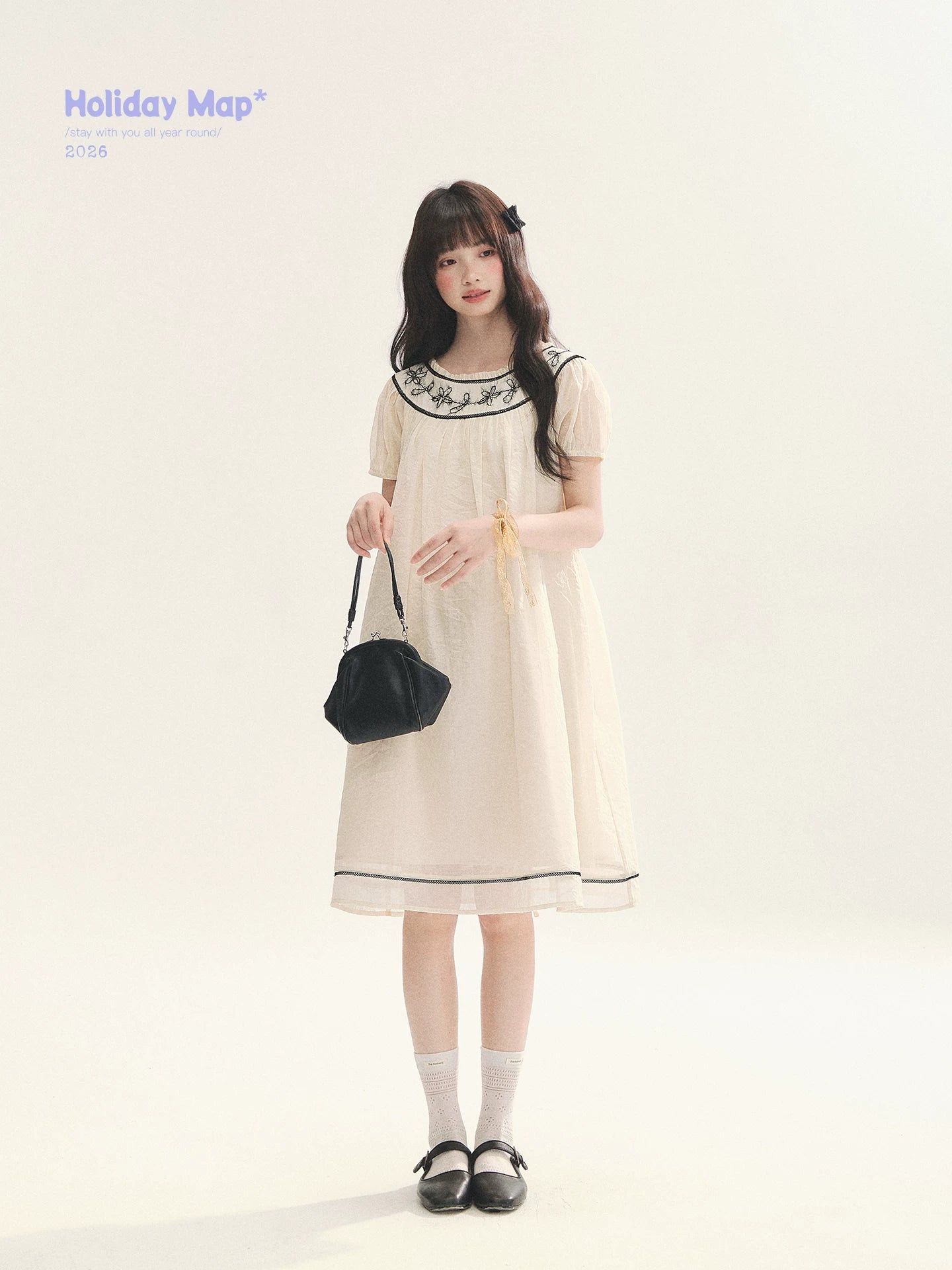 "Midnight Princess" Yellow Flower Rope Embroidered Babydoll Midi Dress