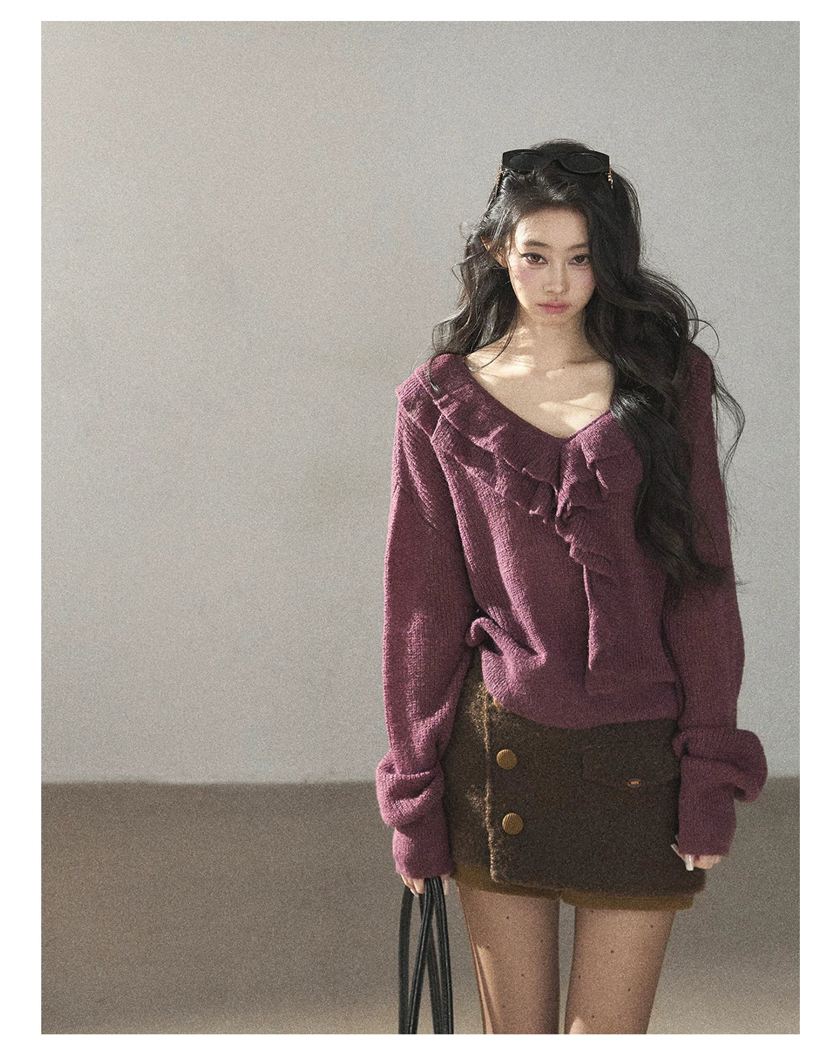AOMALM - "A Softer Breath" Midnight Purple Ruffle V-Neck Sweater
