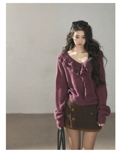 AOMALM - "A Softer Breath" Midnight Purple Ruffle V-Neck Sweater