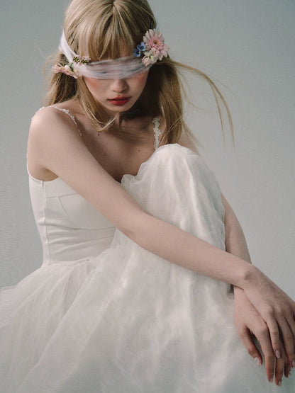 OAKMOO/ "Flowers in a Dream" Gardenia White Embroidered Mesh Maxi Dress