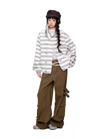 EZEK | Striped Asymmetrical Collar Cardigan Sweatshirt with Double-Breasted Buttons
