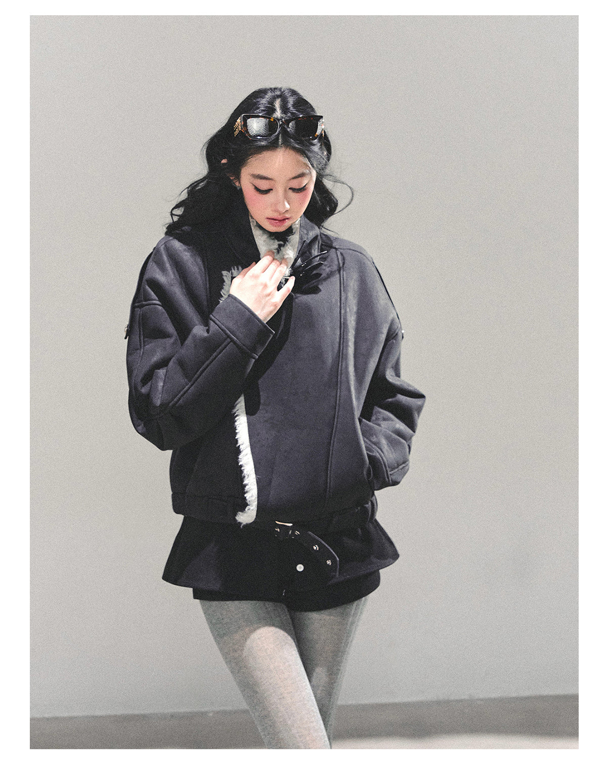 少也眼 "Time’s Hidden Reef" Faux Fur-Lined Cotton Jacket with Belt 8731321