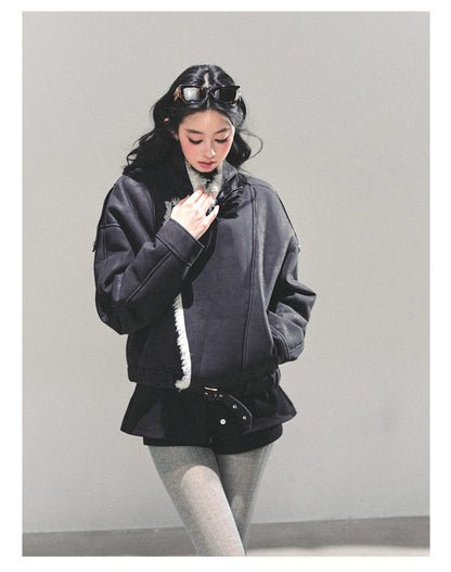 少也眼 "Time’s Hidden Reef" Faux Fur-Lined Cotton Jacket with Belt 8731321