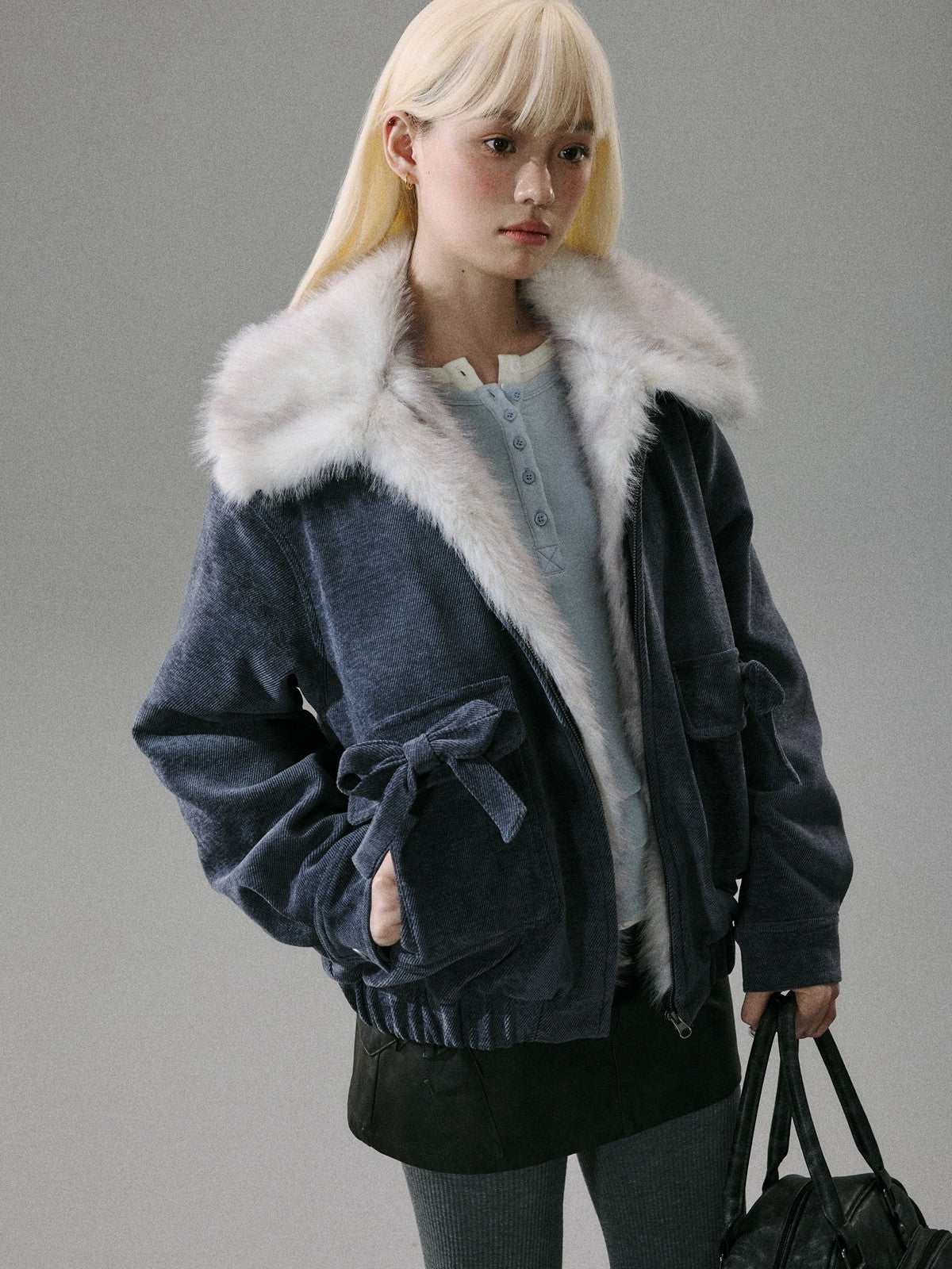 “Mist Lily Glow” Chenille Long-Fur Old Money Jacket - Gray-Blue 8002