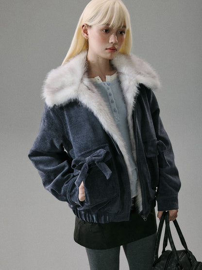 “Mist Lily Glow” Chenille Long-Fur Old Money Jacket - Gray-Blue 8002